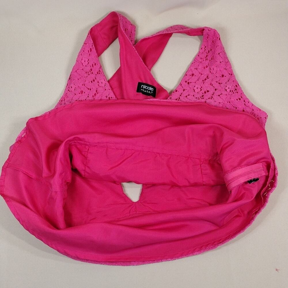 Nicole by Nicole Miller Hot Pink Lace Sleeveless Peplum V Neck Top Flowy Blouse - Picture 10 of 10